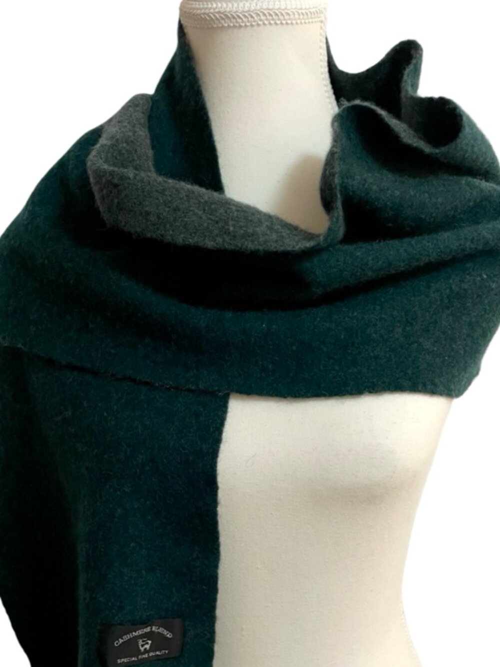 Cashmere Blend Green & Grey Reversible Scarf Fringe 9.5 x 56